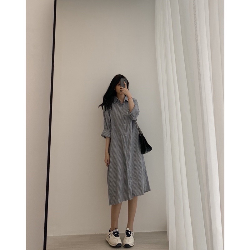 Váy sơ mi kẻ sọc dài tay dáng suông kèm đai