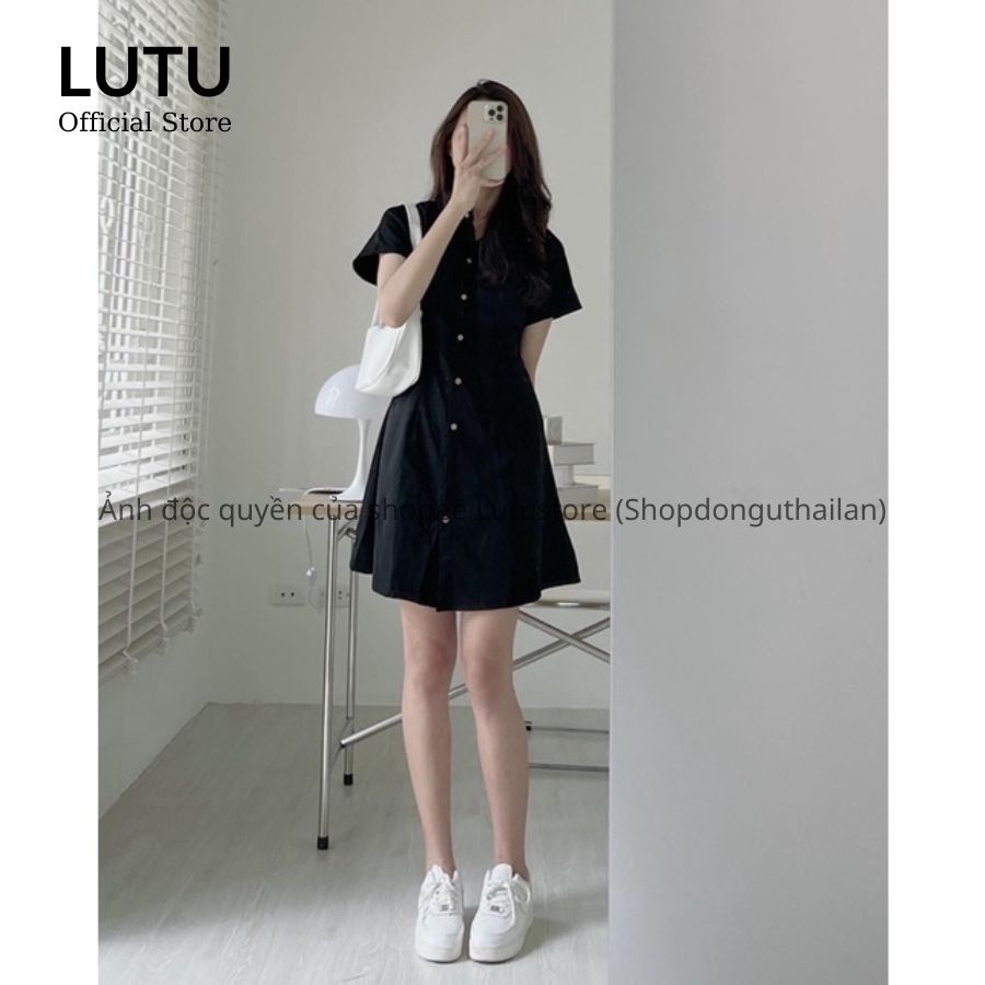 Váy Đầm Sơ Mi Ngắn Tay Cổ Đức Phối Túi Ngực Vạt Bầu Dáng Suông Chất Thô Mềm Phong Cách Thanh Lịch