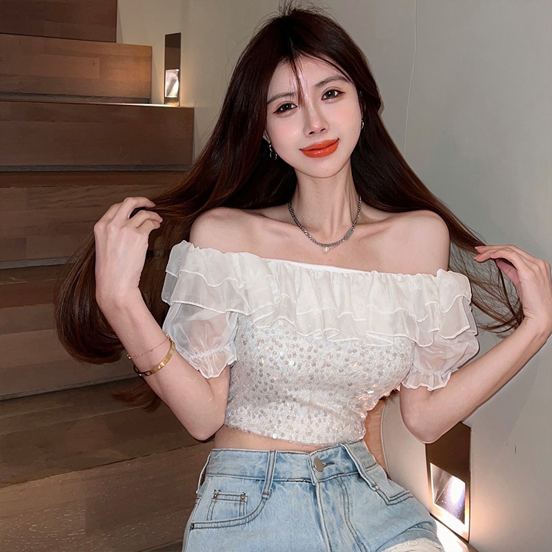 Áo Chiffon Tay Ngắn Hở Vai Đính Kim Sa Lấp Lánh Quyến Rũ Dành Cho Nữ