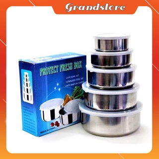 Bộ 5 hộp đựng thực phẩm, cơm, đồ ăn bằng inox có nắp đậy, bộ thố tròn inox 5 món bảo quản thực phẩm, thức ăn để tủ lạnh
