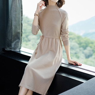Đầm Maxi Dệt Kim Tay Dài Cổ Lọ Màu Trơn Phong Cách Hàn Quốc