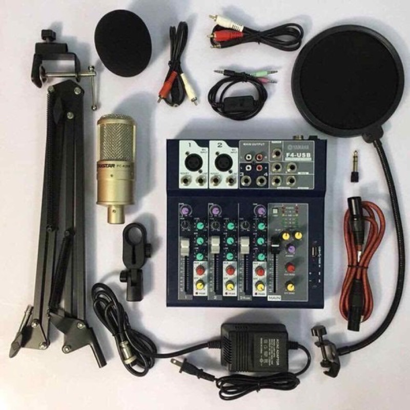 Trọn Bộ Mic Thu Âm Takstar PC-K200 + Mixer F4 hát liver stream, hát karaoke gia đình chân kẹp màng lọc bh 6 tháng