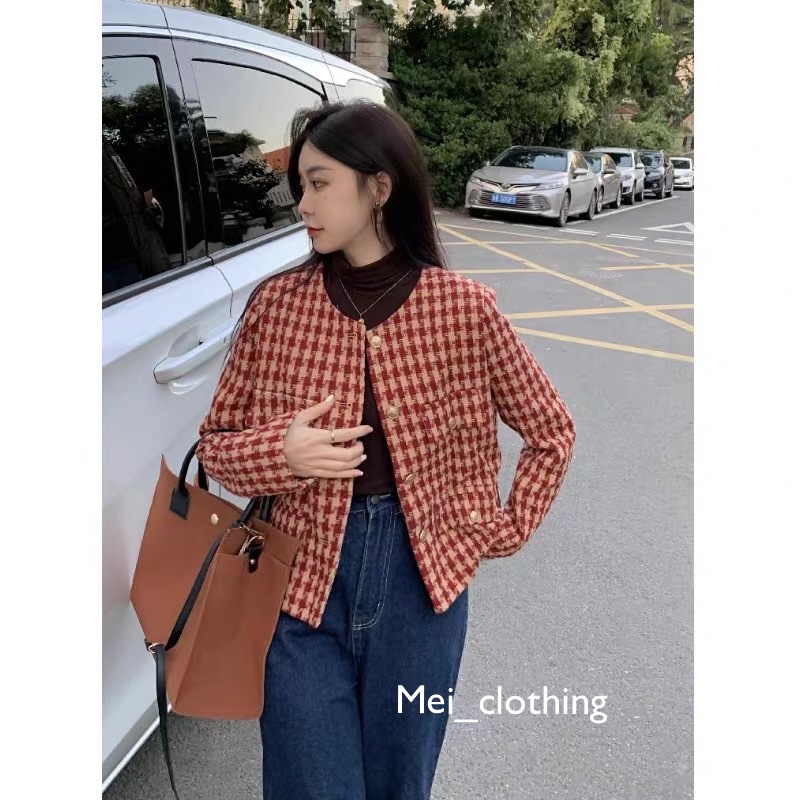 Áo Khoác Dạ Tweed Vintage cúc vàng, Áo dạ 2 lớp cổ tròn