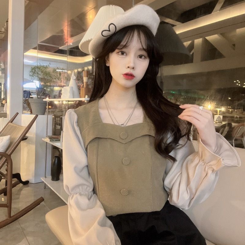 Áo sơ mi tay dài cổ vuông phong cách retro thời trang mùa đông 2021