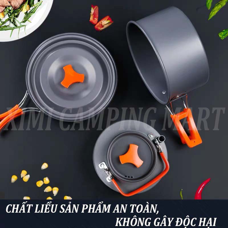 BỘ NỒI NẤU ĂN dã ngoại COOKING SET DS308 - BỘ NỒI DU LỊCH CAO CẤP, ĐA NĂNG 3 món có vung Dùng cho 2-3 người PICNIC NHÓM
