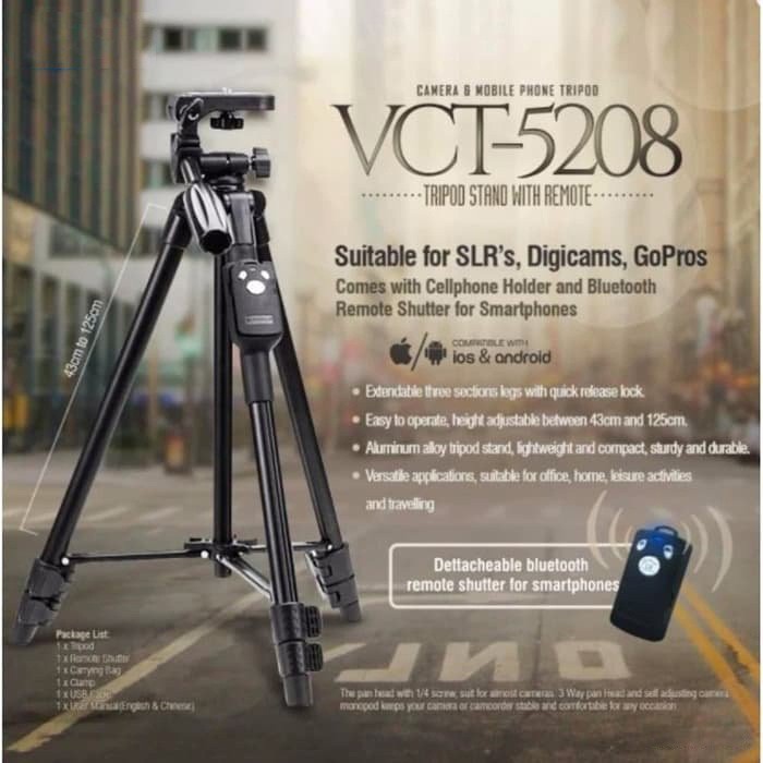 Tripod của YUNTENG VCT 5208 tặng remost, tặng túi du lịch, chiều cao tối đa 134cm, thân gây cứng cáp | BigBuy360 - bigbuy360.vn