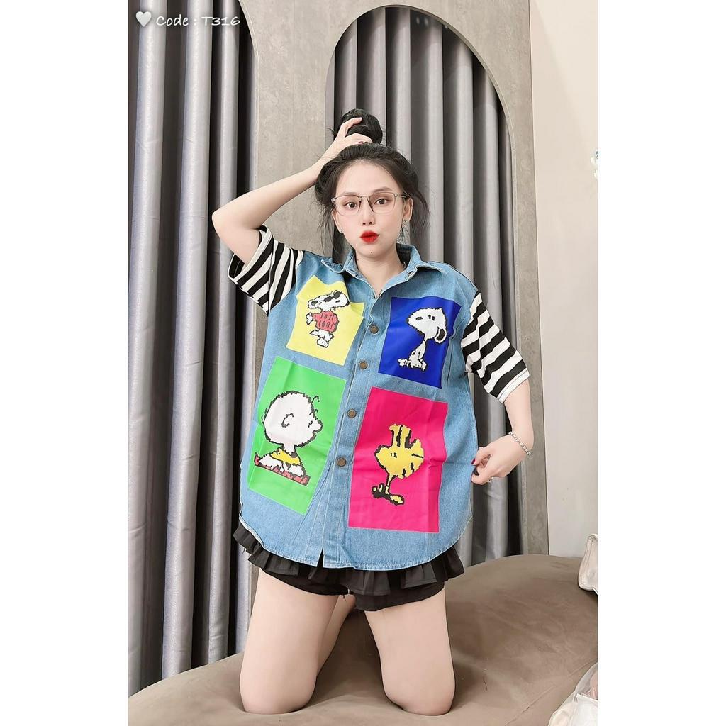 Áo sơ mi jean in ô vuông hoạt hình sọc tay