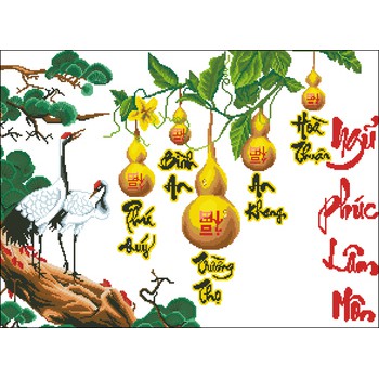 Tranh thêu chữ thập Ngũ phúc lâm môn - Hạc tùng hồ lô < IST116 > chưa thêu