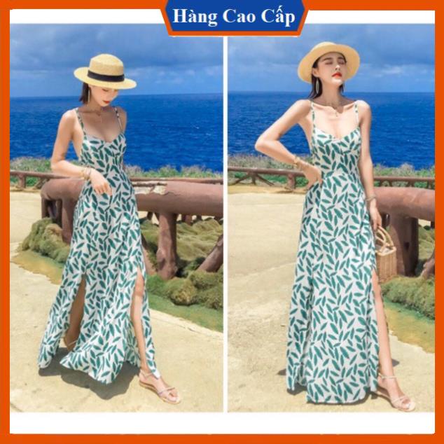Đầm váy maxi đan dây lá xanh đi biển