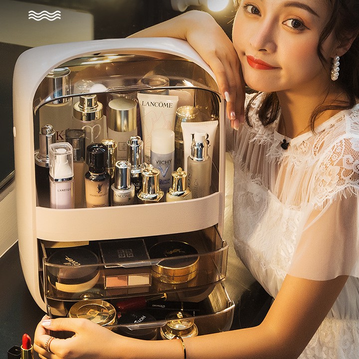 Tủ đựng đồ trang điểm mini 2 tầng có nắp đậy, hộp đựng mỹ phẩm chống bụi sang trọng