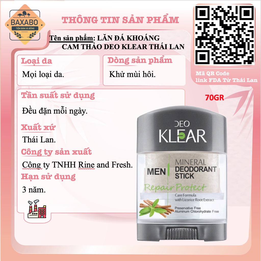 LĂN ĐÁ KHOÁNG DEO KLEAR MINERAL DEODORANT STICK THÁI LAN - HÀNG CHÍNH HÃNG - ĐỦ MÙI