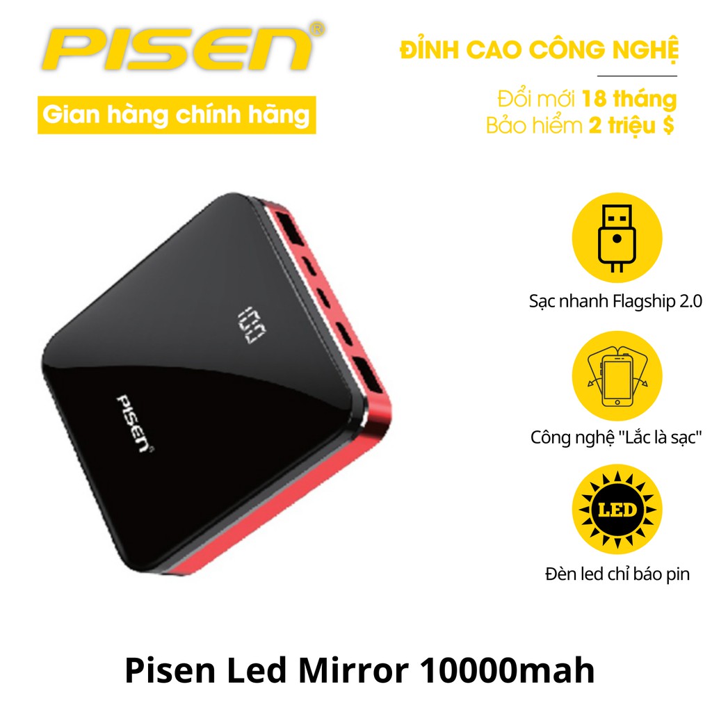 Sạc dự phòng Pisen Led Mirror 10000mah, nhỏ gọn, sang trọng, sạc đồng thời 2 thiết bị - Hàng chính hãng, bh 24 tháng