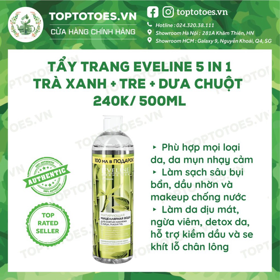 SALE SẬP SÀN Nước tẩy trang Eveline 5-in-1 Trà xanh + Tre + Dưa chuột cho da dầu mụn, nhạy cảm SALE SẬP SÀN