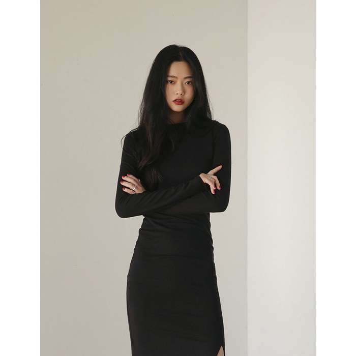 Váy đầm nữ dài tay len tăm body đen xẻ vạt cổ tròn Ylydress freesize phom ôm tôn dáng sexy dáng dài C660 | BigBuy360 - bigbuy360.vn
