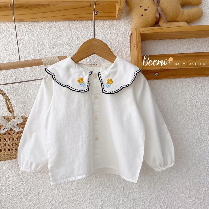 Áo sơ mi dài tay Beemo cổ sen sóng thêu hoa tiểu thư cho bé gái