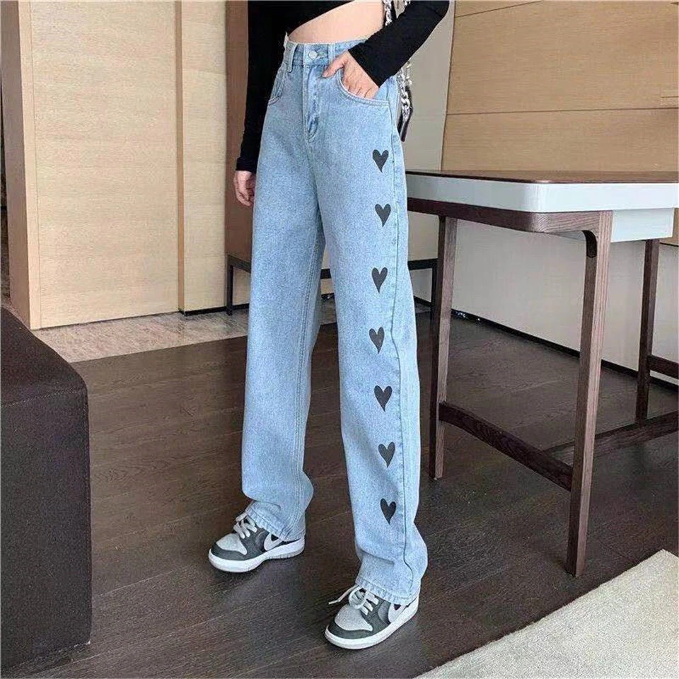 Quần Jeans Nữ Ống Rộng - Họa Tiết Trái Tim - Màu Xanh - Mã )1