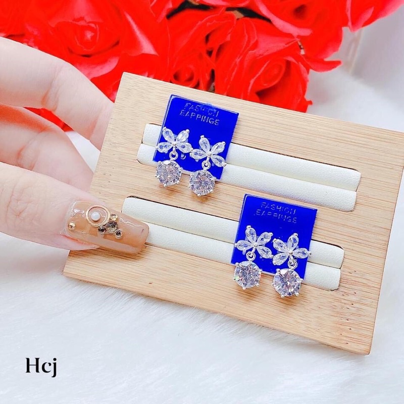 Bông tai nữ bạc thật đính đá trắng sáng đẹp - Kho sỉ bạc Nhất Linh