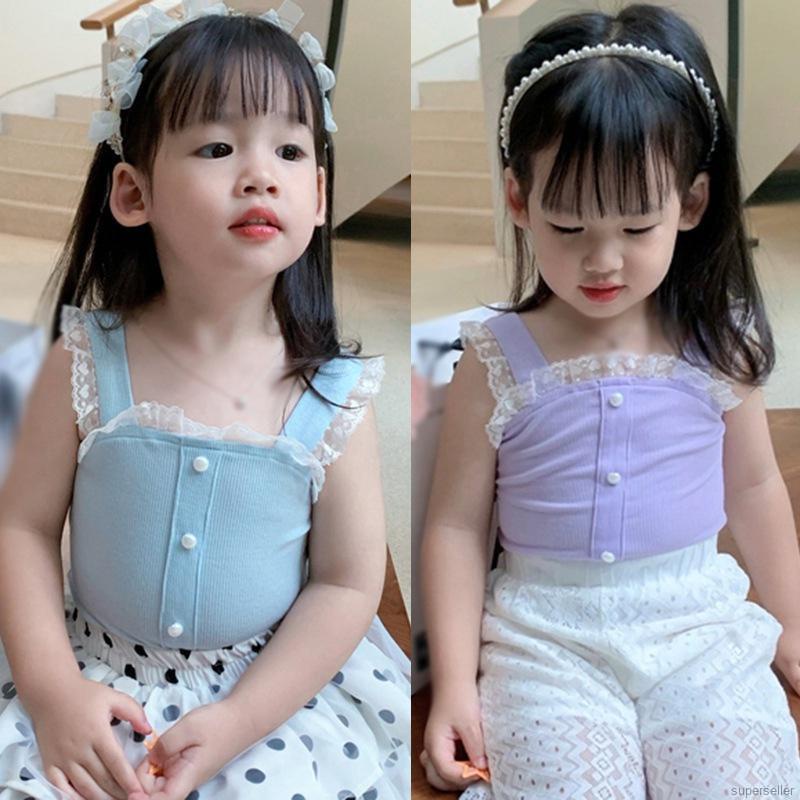 Áo hai dây vải cotton phối ren ngọt ngào phong cách hè cho bé gái
