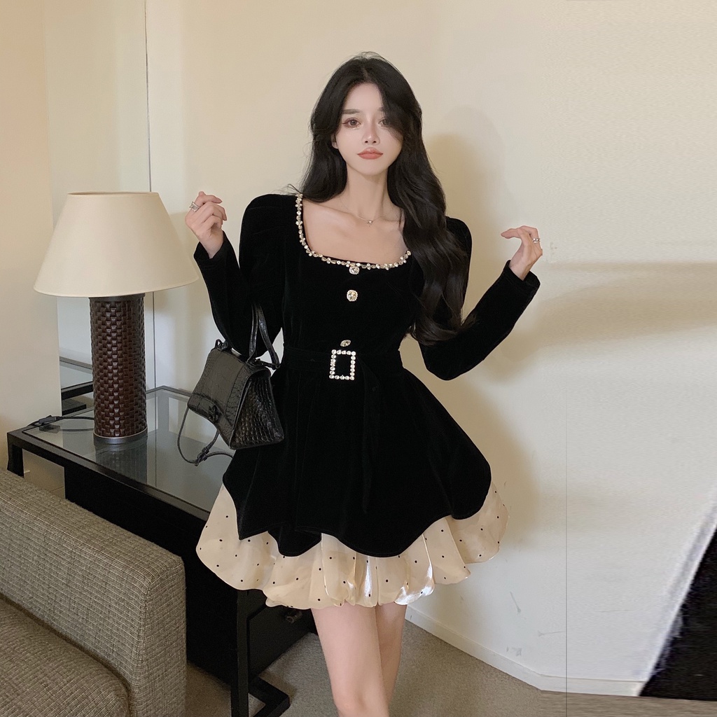 (ORDER) Đầm nhung cổ vuông viền đá có thắt lưng giả 2 mảnh