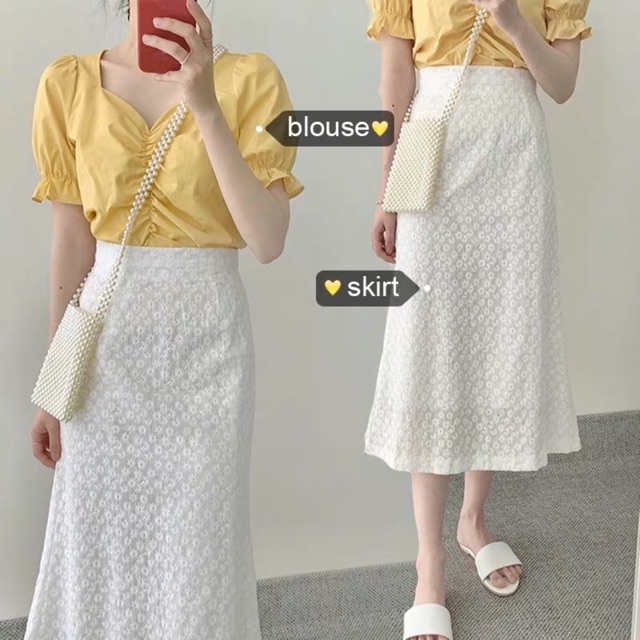 Set áo vàng chân váy thô dập hoa