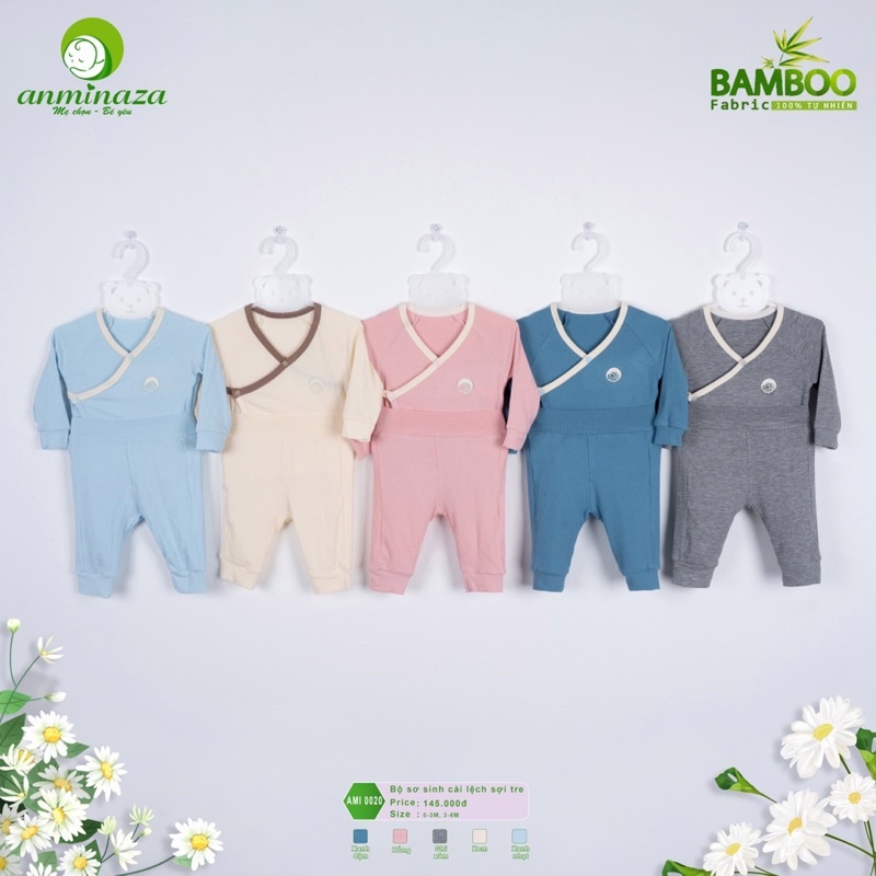 Bộ dài tay sơ sinh cài lệch Anminaza chất Bamboo Fabric tăm mềm mịn, thoáng khí cho bé