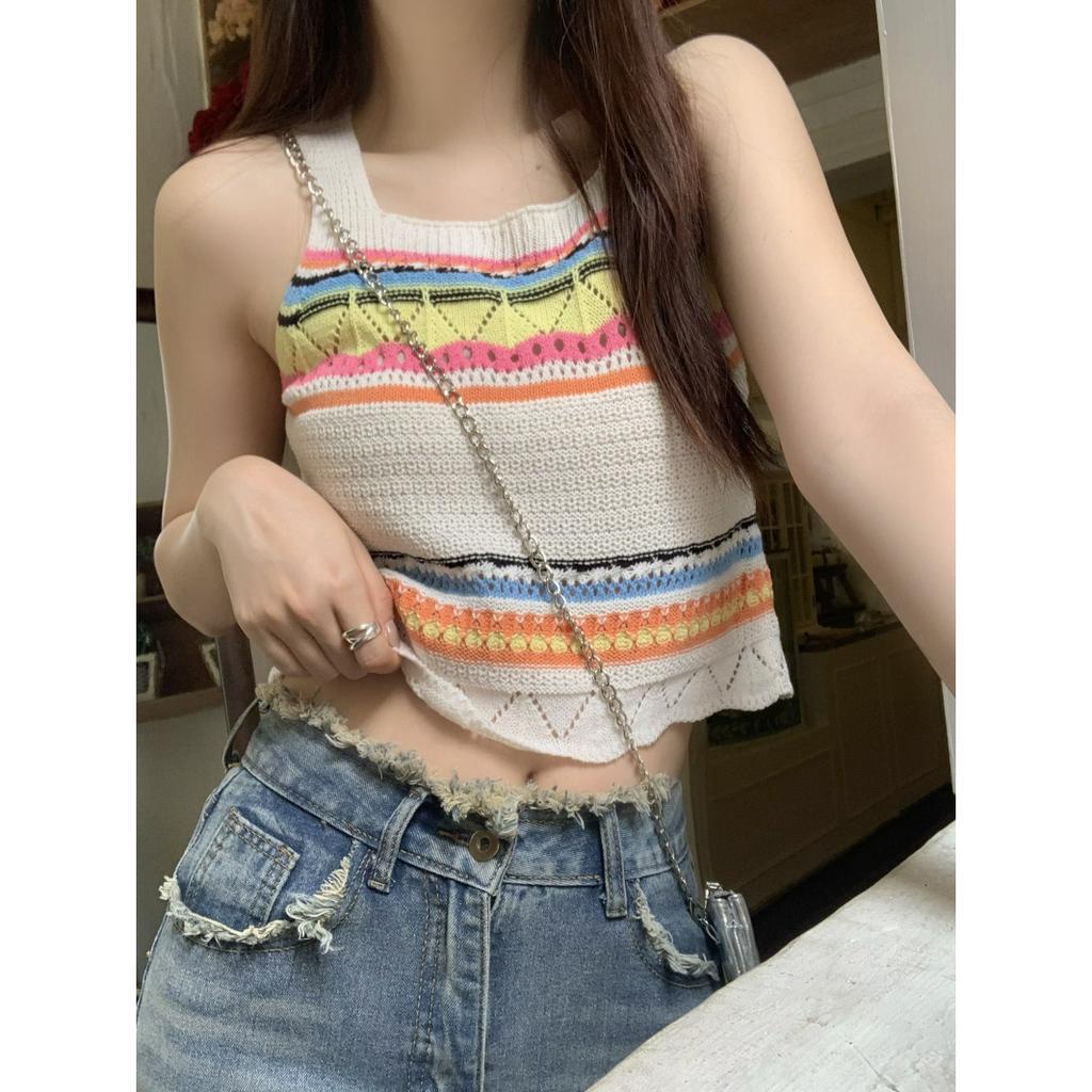 qkoole   Áo Hai Dây Dệt Kim Họa Tiết Kẻ Sọc Rỗng Kiểu Dân Tộc Thời Trang Xuân Hè