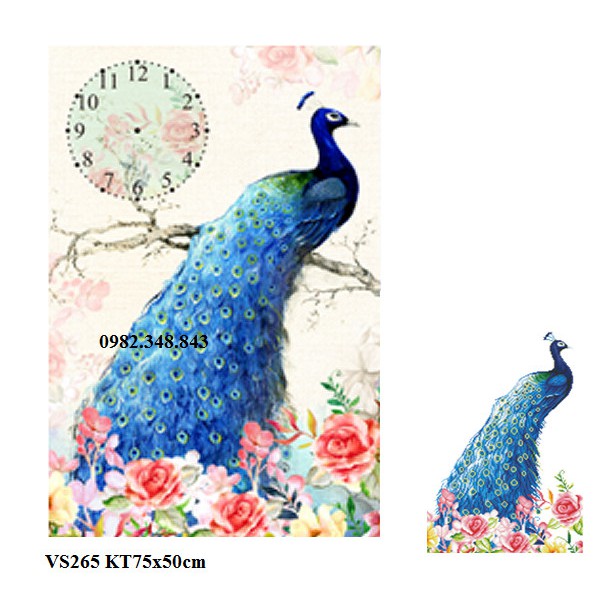Tranh đính đá đồng hồ chim công KT:75x50cm. Tranh gắn đá chưa đính.