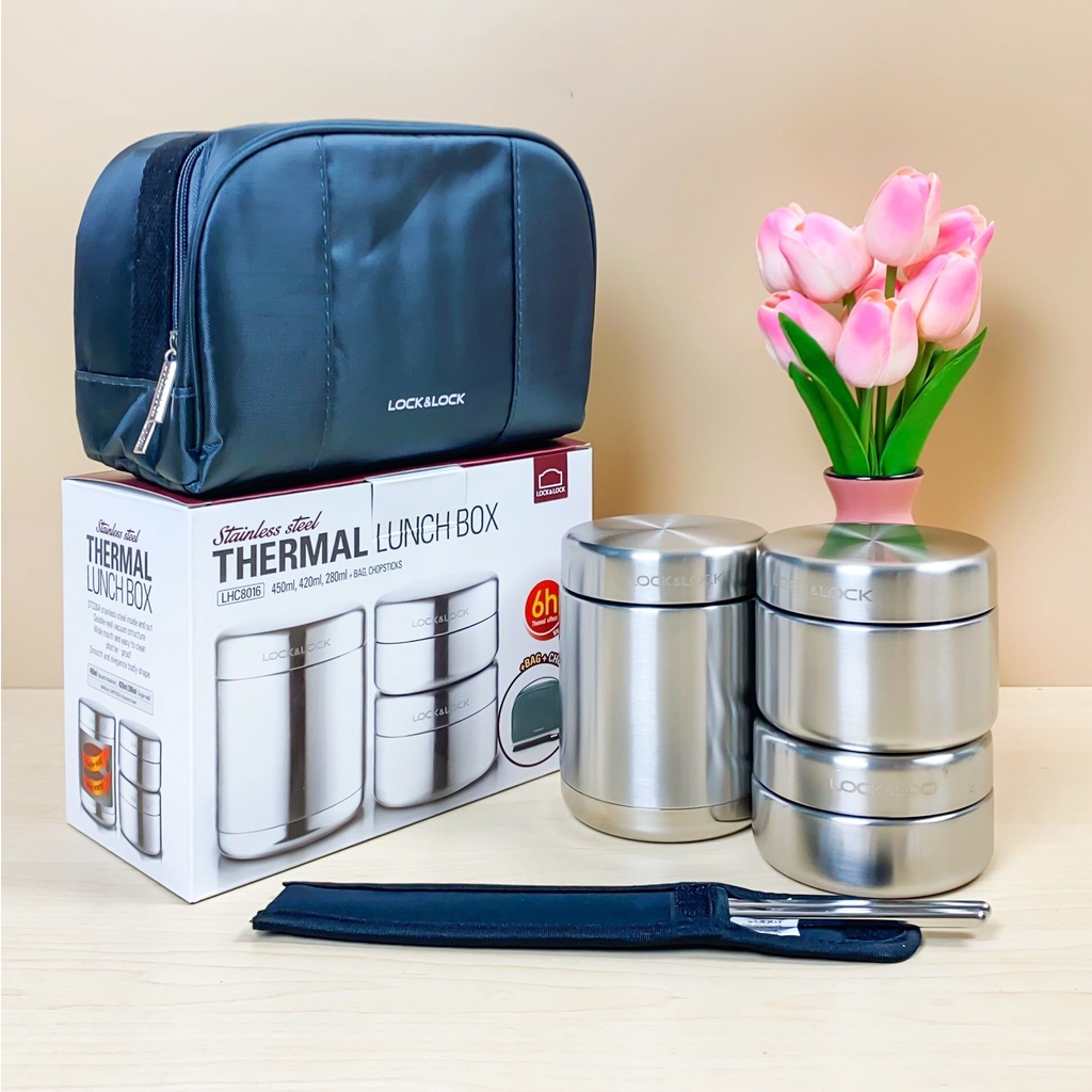 Bộ Hộp Cơm Giữ Nhiệt Lock&amp;Lock LHC8016 (1150ml) - Chất liệu inox không gỉ tặng túi đựng hộp cơm