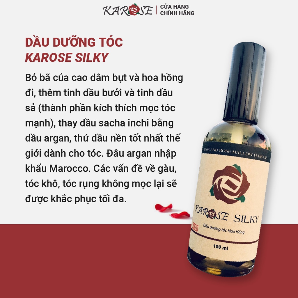 (DATE MỚI NHẤT, 100 ml) Dưỡng tóc hoa hồng tự nhiên kích thích mọc tóc, ngăn gãy rụng, gàu, khô tóc Karose Silky