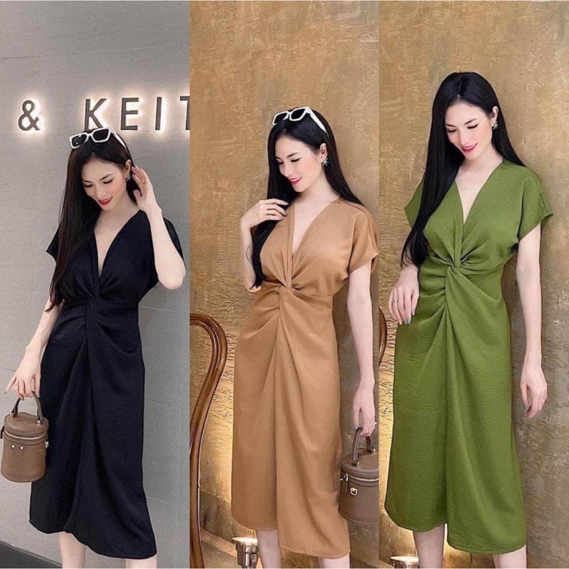 Đầm lụa cao cấp xoăn eo màu xanh