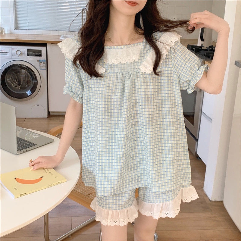 Bộ Đồ Ngủ Ngắn Tay Phối Ren Họa Tiết Sọc Caro Thời Trang Mùa Hè Cho Nữ