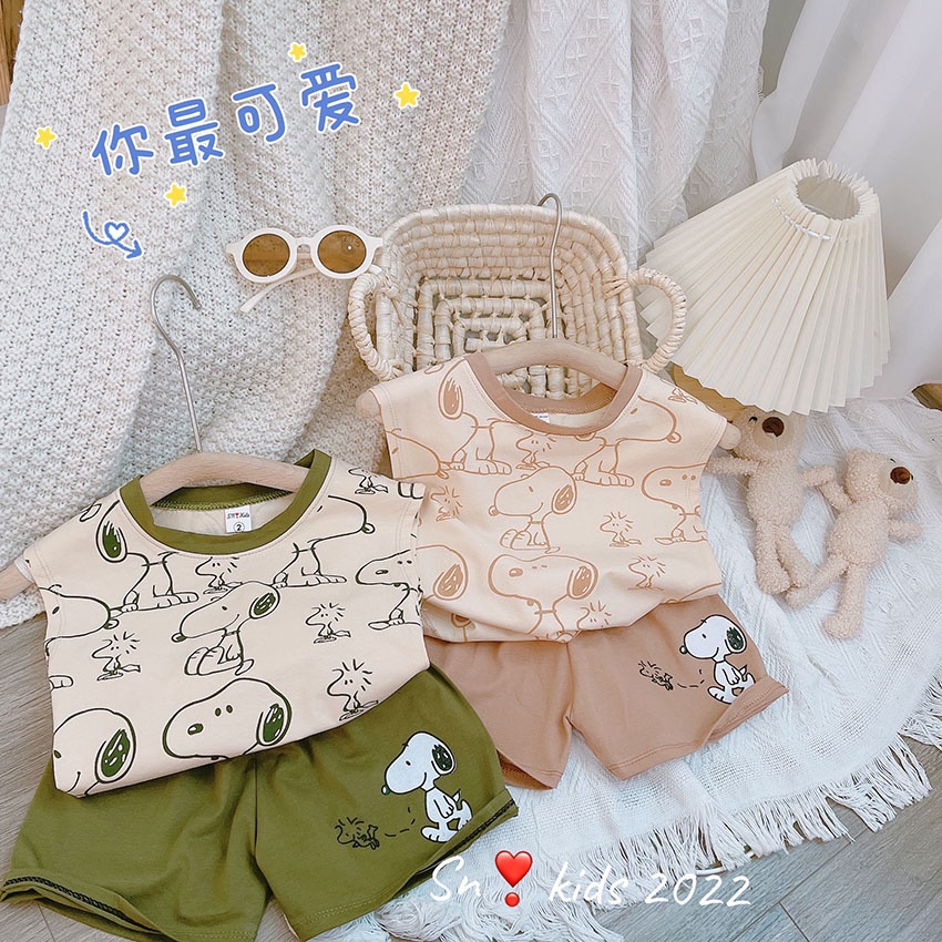 Bộ Quần Áo Trẻ Em Ba Lỗ In Hình snoopyi Vải Cotton Dễ Thương Cho Bé Từ 7-19kg Mã BL30