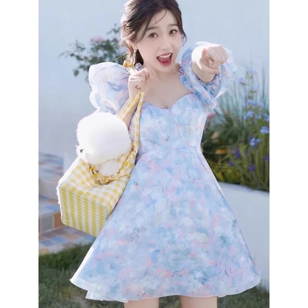 Đầm babydoll NGU THƯ HÂN màu xanh mơ mộng buộc váy tay phồng thắt eo cao