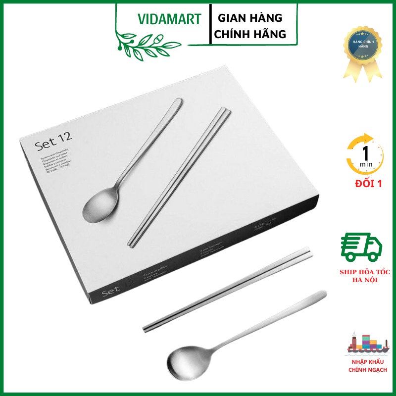 Set 12 Đũa Thìa Inox, Bộ Đồ Dùng Ăn Uống Thép Không Gỉ Cho Gia Đình, Văn Phòng, Dã Ngoại, Cá Nhân Có Hộp Đựng VIDA