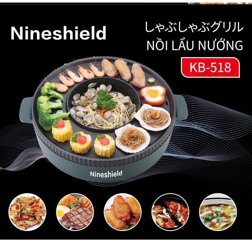 Nồi lẩu nướng tròn NINESHIELD 2 in 1 tiện lợi thích hợp cho 3-5 người ăn bếp lẩu nướng tròn bếp lẩu nướng Nineshield