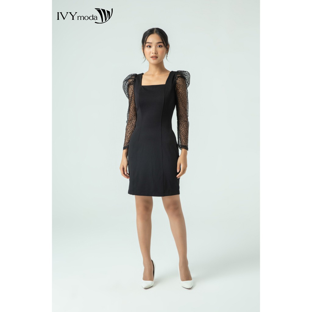 [Mã WABRM4  giảm 15% tối đa 50k đơn 150k] IVY moda Đầm đen vai lưới MS 42B8259