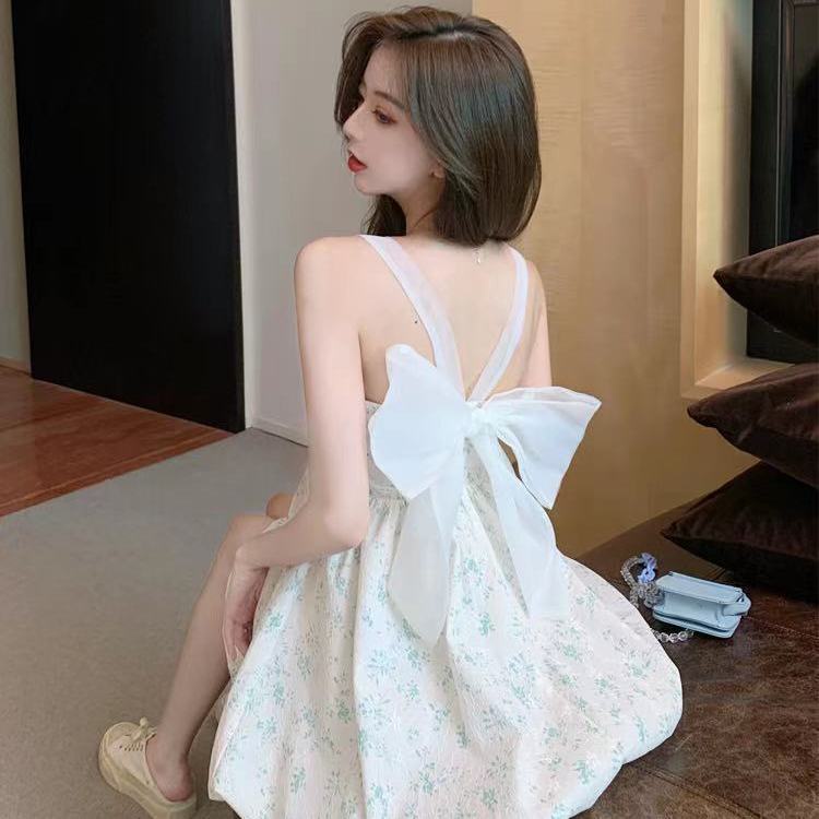 Đầm Hai Dây Họa Tiết Hoa Thắt Nơ Phong Cách Pháp Ngọt Ngào Cho Nữ