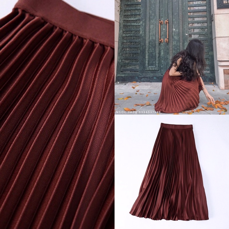Chân váy xếp ly màu đỏ mận mẫu bán chạy nhất (Pleated Skirt)