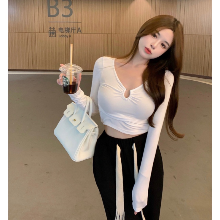 Áo thun lửng tay dài cổ chữ V thời trang Hàn Quốc cho nữ