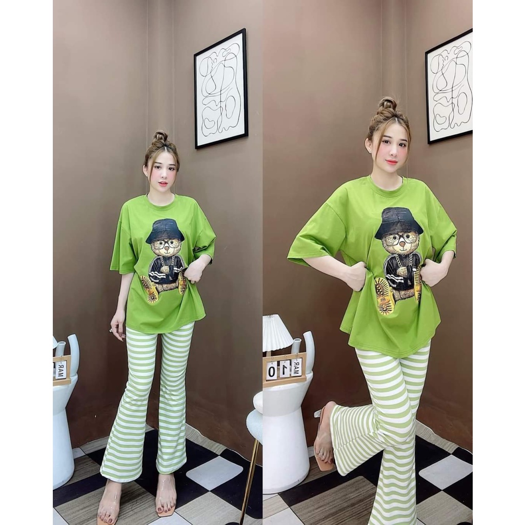 Set bộ quần dài ống loe gấu đội nón