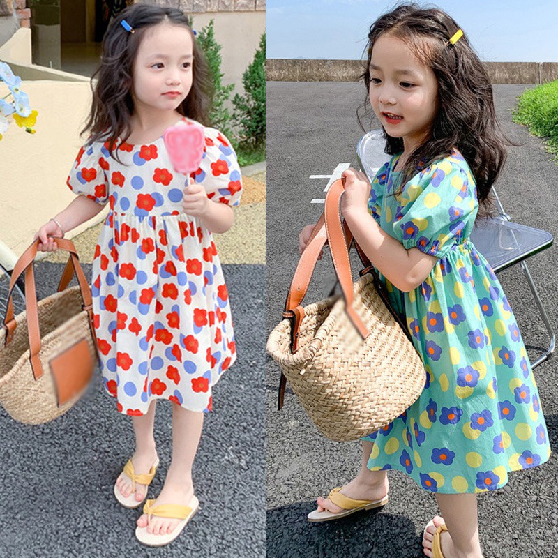 Đầm tay phồng hở lưng họa tiết hoa phong cách retro Hàn Quốc thời trang dễ thương cho bé gái