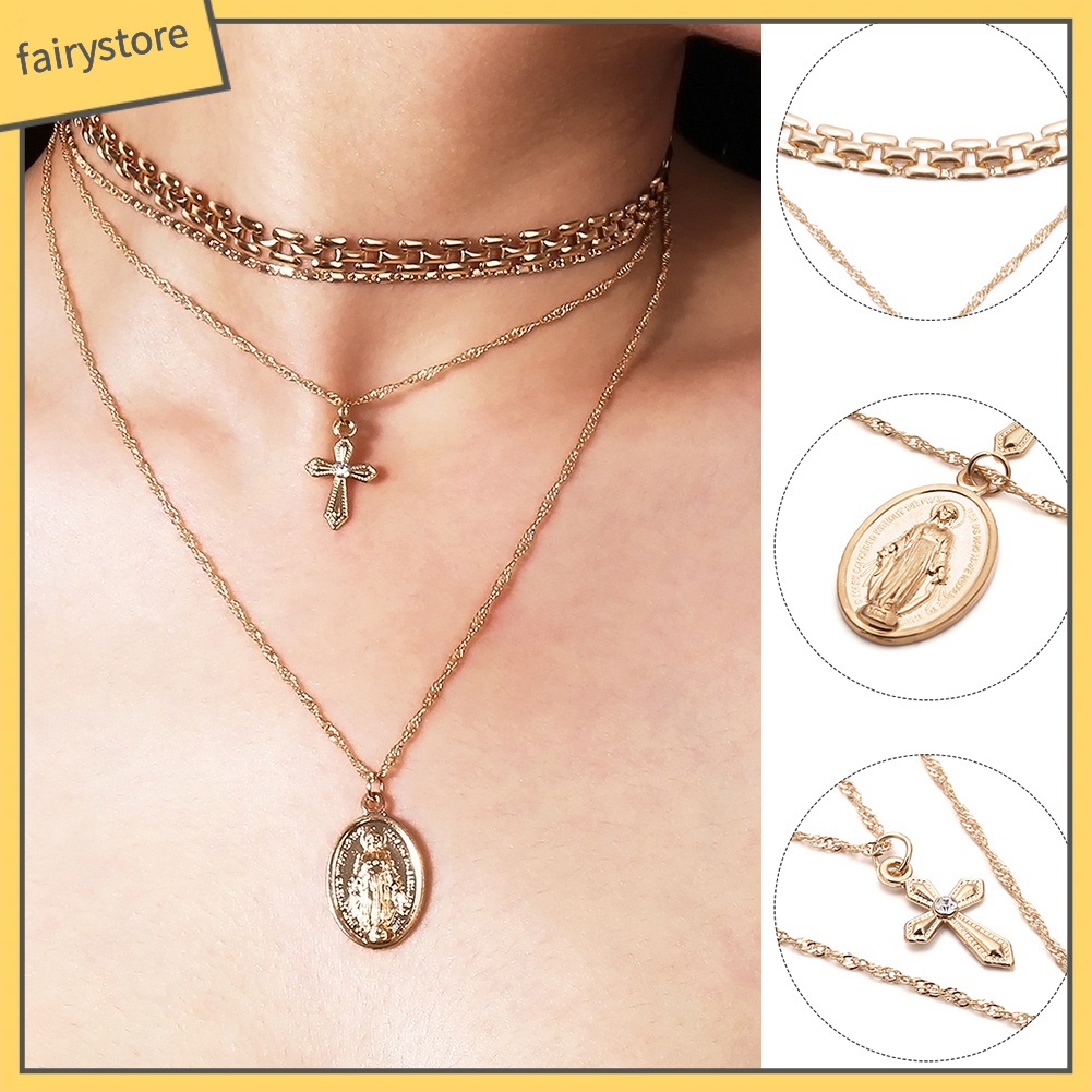 Dây chuyền đa lớp mặt hình chúa jesus và thánh giá thời trang