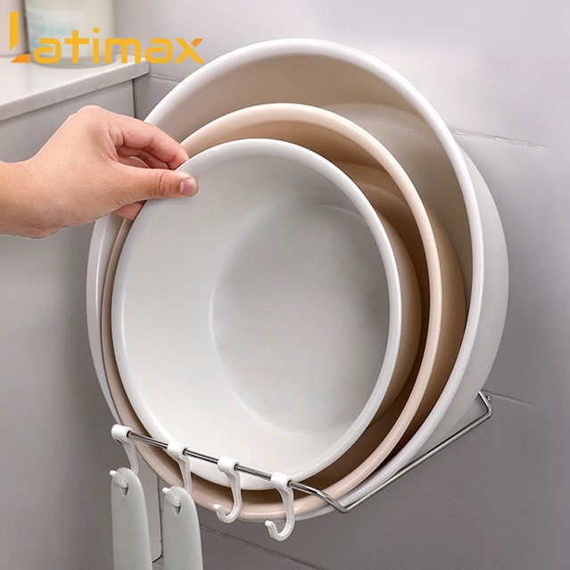 Giá treo Thau Chậu Rổ rá Dán tường khung Inox kèm 4 móc Latimax MTC1chịu lực tốt