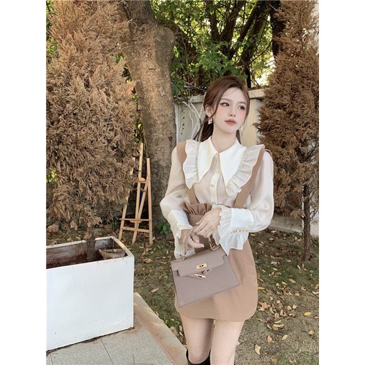 Set áo sơ mi tay dài phồng và đầm hai dây lưng cao ôm dáng thời trang dành cho nữ