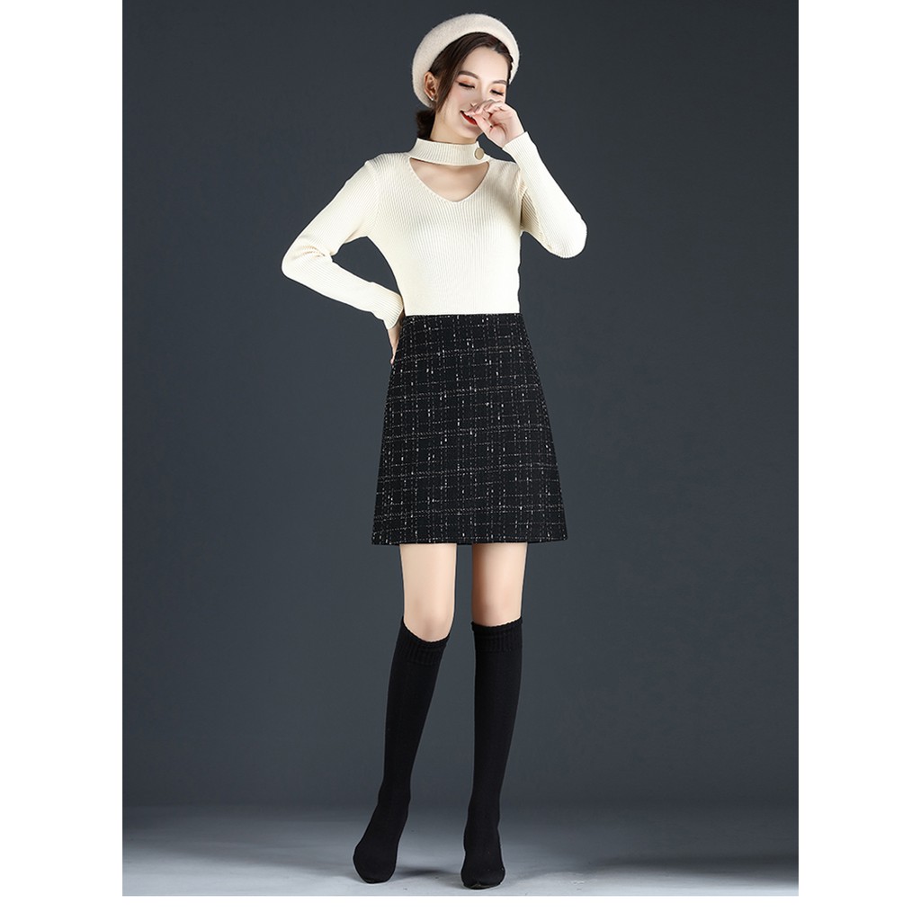 Chân váy ngắn dáng chữ A hot trend Eva design , chất vải dạ tweed màu đen kẻ sọc có quần trong siêu xinh