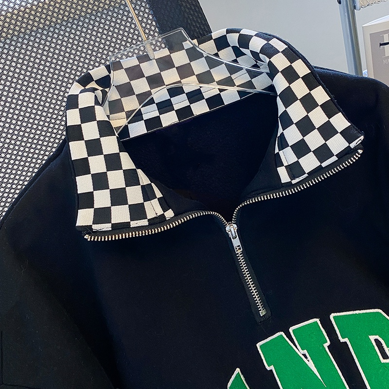 Áo thun polo ZHELIHANGFEI tay dài có dây kéo form rộng phong cách preppy Mỹ thời trang