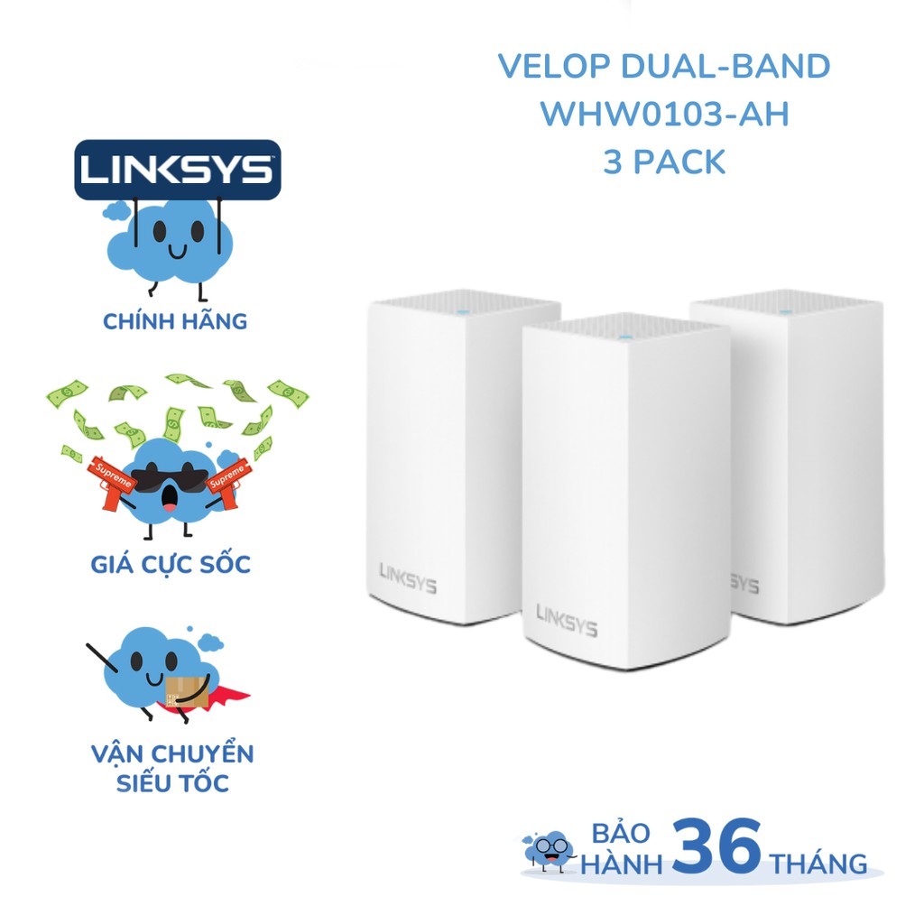 (3 PACK) Bộ phát wifi LINKSYS VELOP WHW0103 chuẩn AC tốc độ 3900mbps intelligent mesh wifi 5 MU-MIMO system