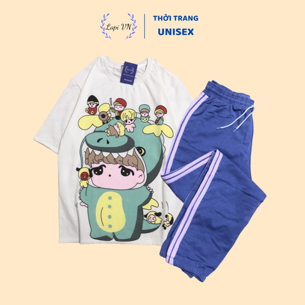 Đồ Bộ Dài Unisex Quần Jogger Áo Thun Tiểu Khủng Long Anime Lapi VN Thoáng Mát, Freesize,Form Rộng, Nam Nữ Đều Mặc Được