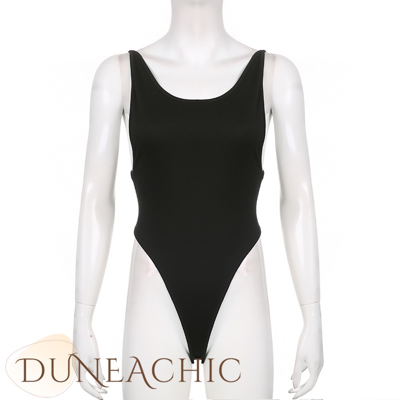 DUNEA Áo liền quần cổ chữ U hở lưng màu trơn quyến rũ cho nữ