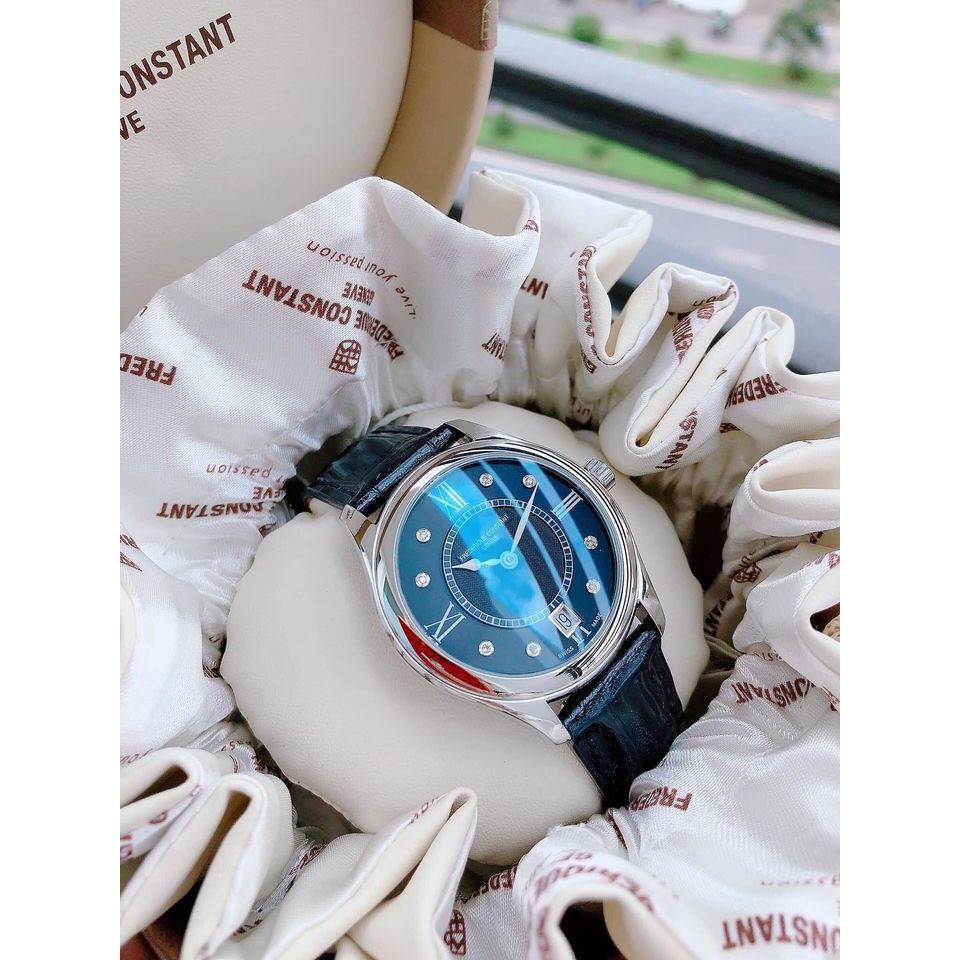 Đồng hồ NỮ Frederique Constant FC-220MND3B26 Classics Diamond, mặt xanh, dây da, kính shapphire - Máy pin